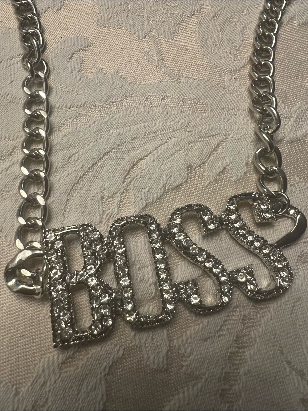 BOSS Crystal Nameplate Necklace in Silver